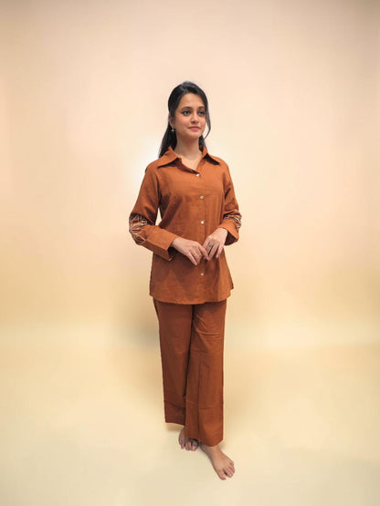Women's rust brown linen top and pant cord set