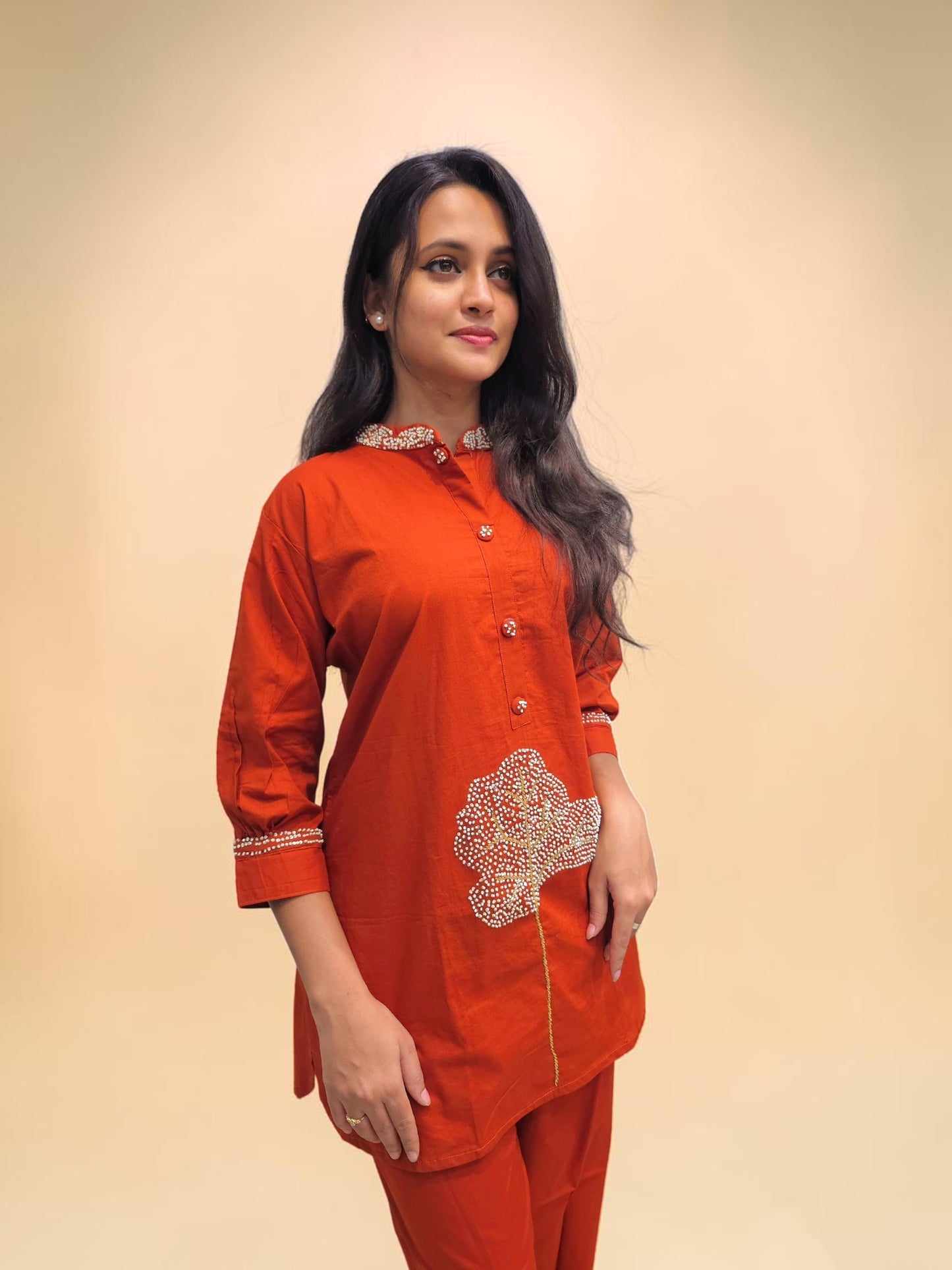 Designer rust orange cotton kurta pant cord set
