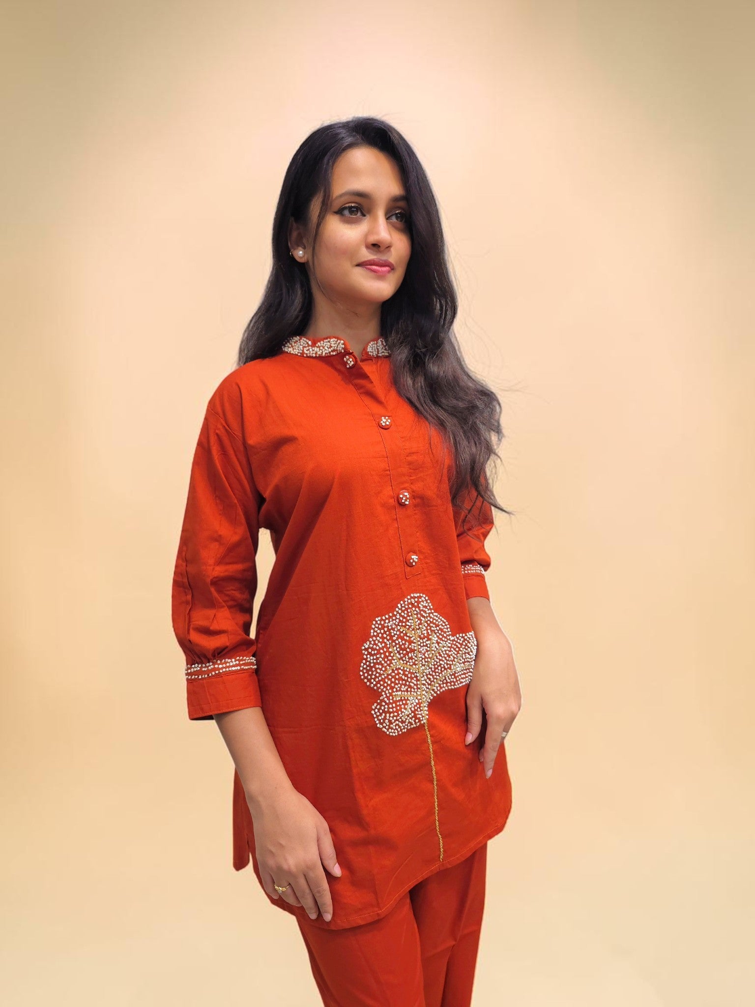 Designer rust orange cotton kurta pant cord set