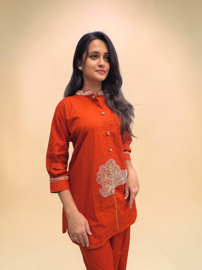 Designer rust orange cotton kurta pant cord set
