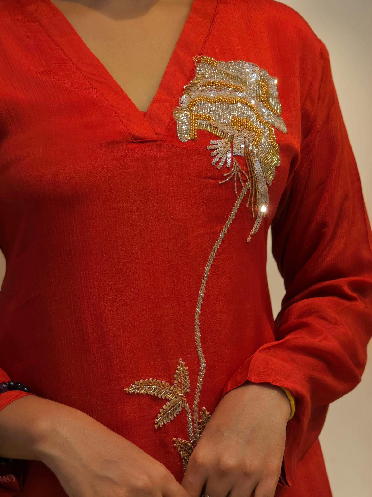 Rust orange embroidered designer cord set for women