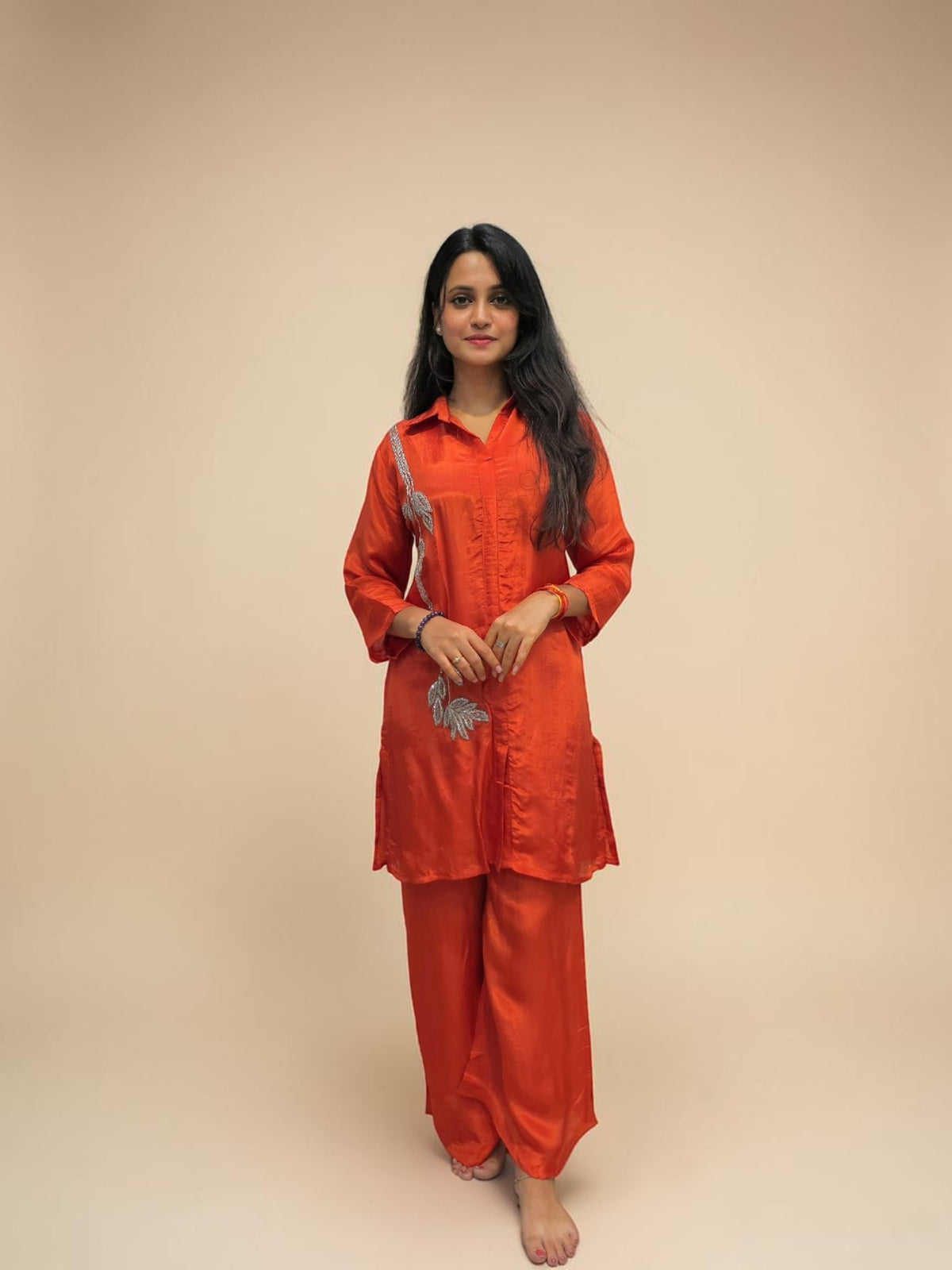 Elegant rust orange embroidered ethnic co ord outfit