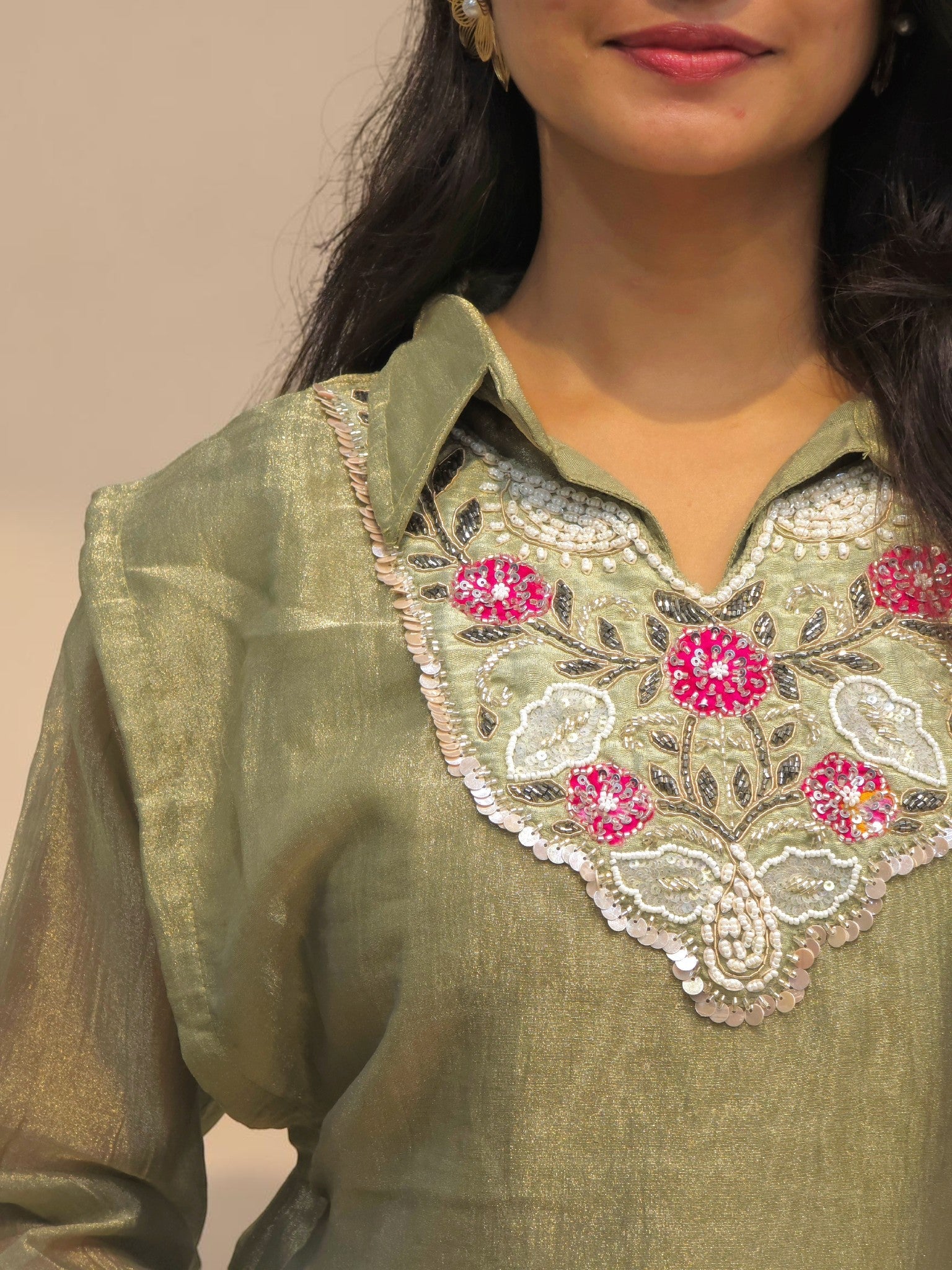 Luxury sage green glass tissue co-ord set with layered top