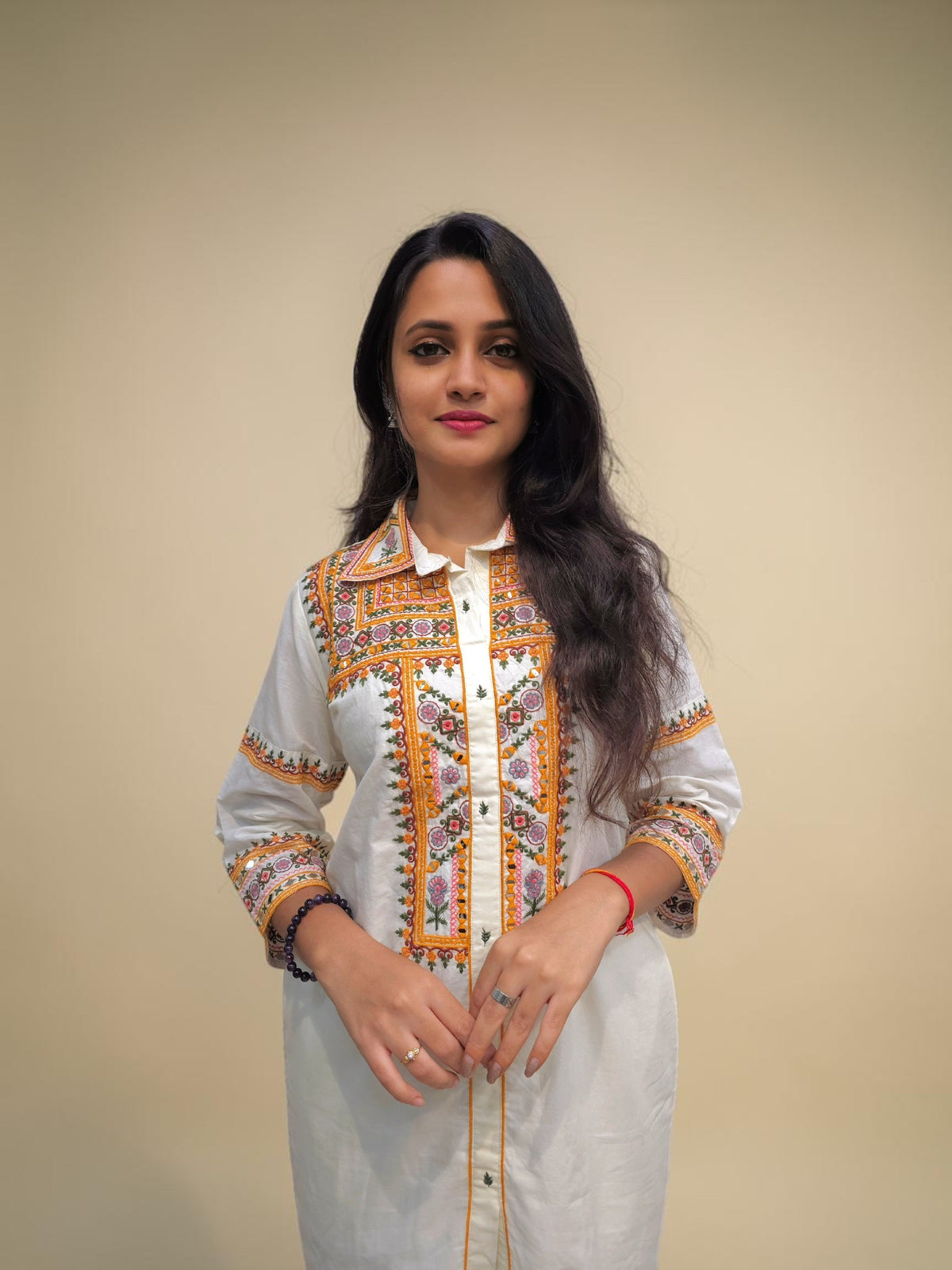 White embroidered cotton cord set for summer wear