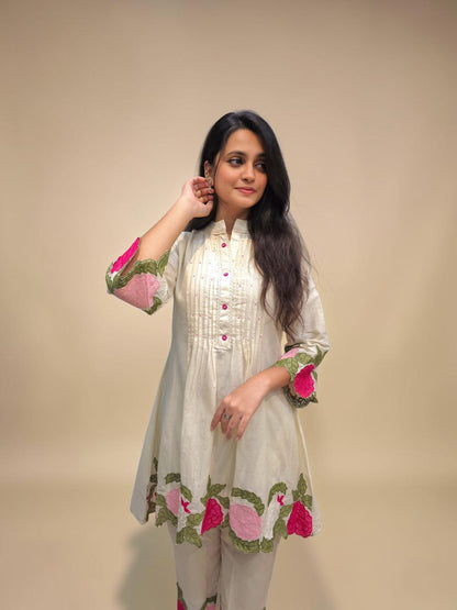 Designer white mul cotton kurta pant cord set