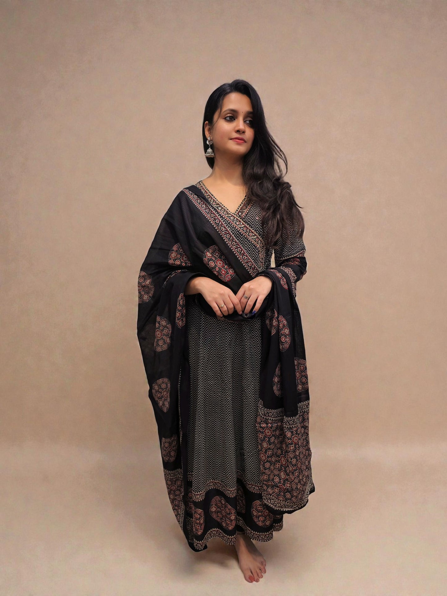Printed cotton anarkali kurta set with dupatta black color