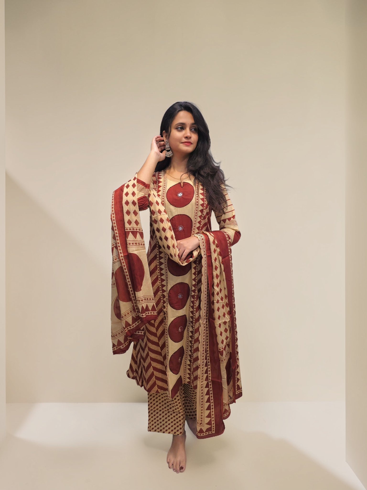 Printed cotton kurta set with mirror work embroidery and dupatta