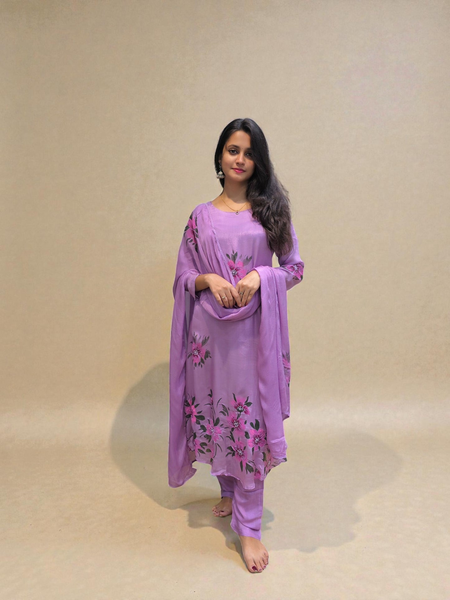 Pure chinnon handwork A-line kurta set for women in elegant pastel shade