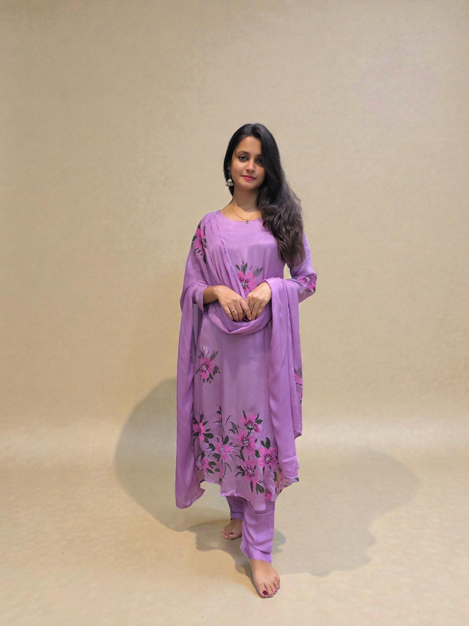 Pure chinnon handwork A-line kurta set for women in elegant pastel shade