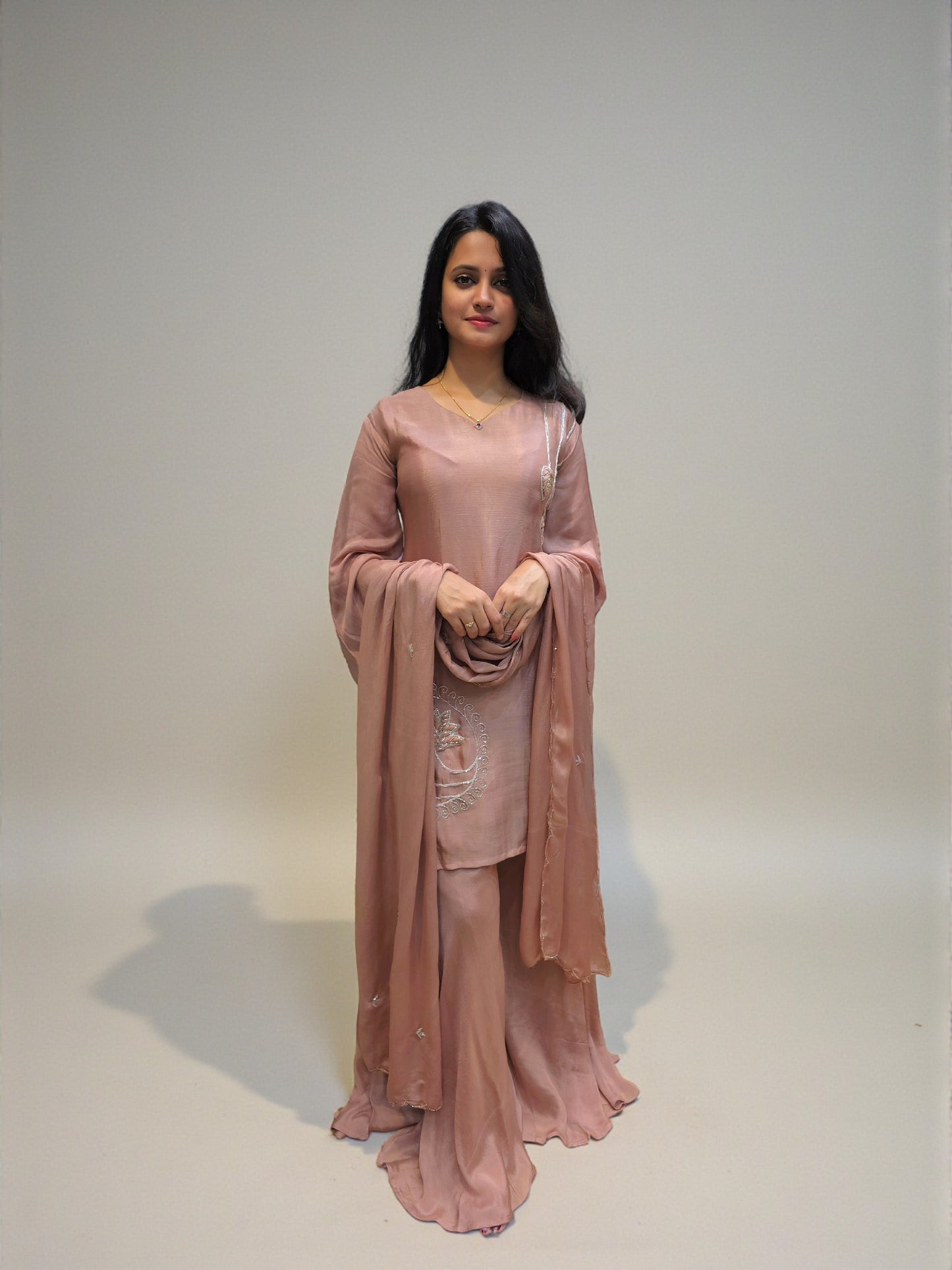 Chocolate color chinnon kurta palazzo set with hand embroidery