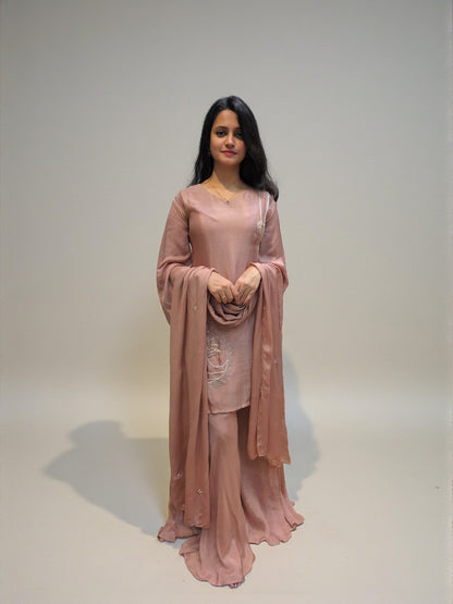 Chocolate color chinnon kurta palazzo set with hand embroidery