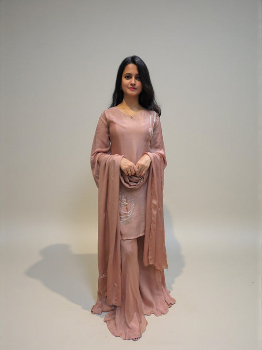 Chocolate color chinnon kurta palazzo set with hand embroidery