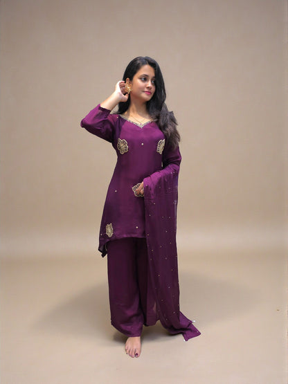 Pure chinnon short kurta palazzo set for women with matching dupatta