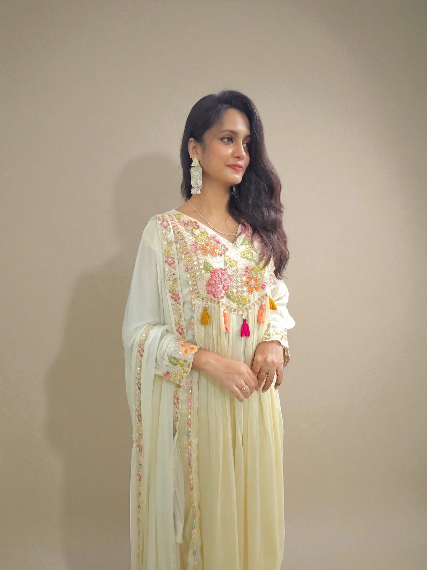 Pure chinnon silk A-line kurta outfit in ivory tone for festive wear