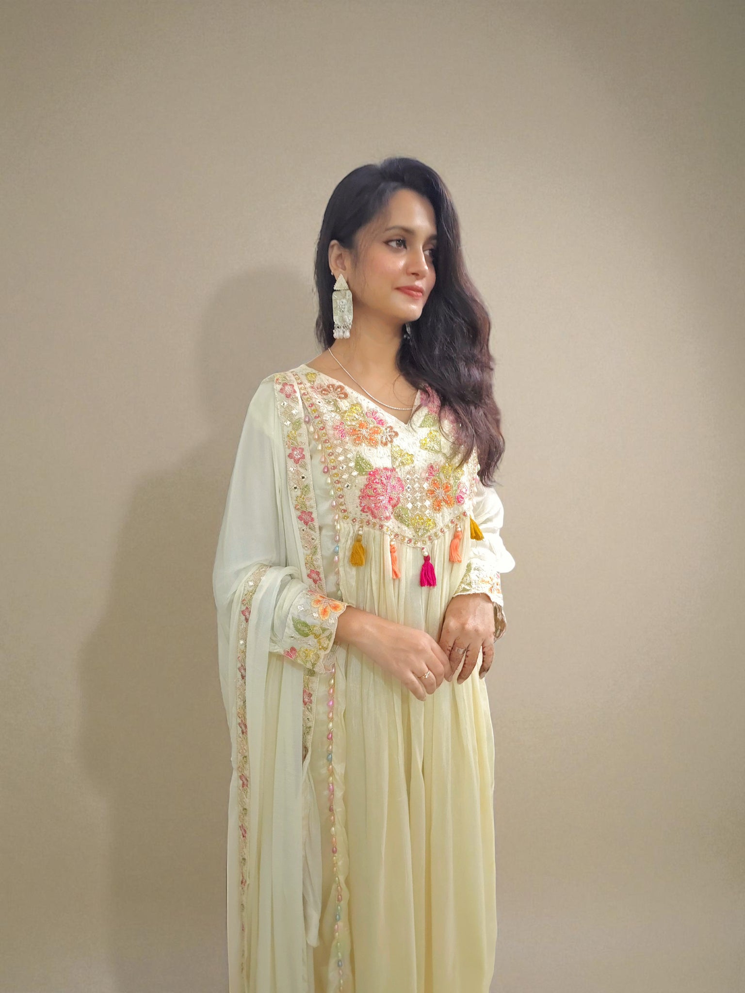 Pure chinnon silk A-line kurta outfit in ivory tone for festive wear