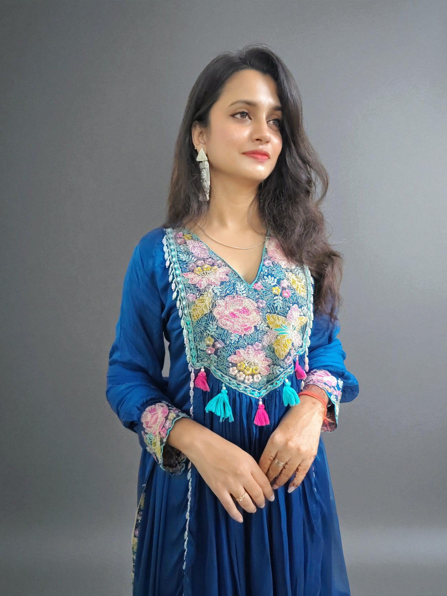 Pure silk A-line kurta suit set in royal blue for festive wear