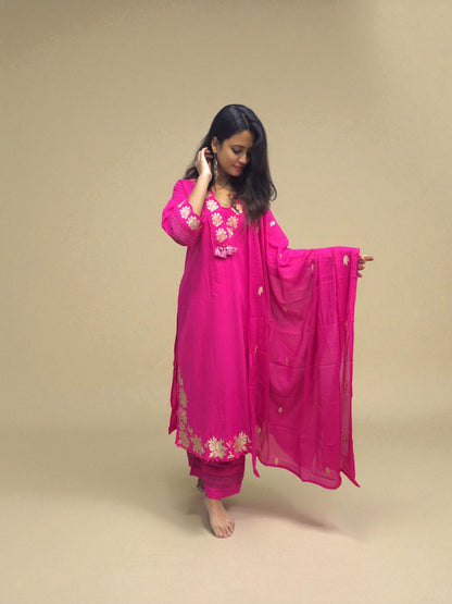 Elegant daily wear pink cotton suit with golden embroidery
