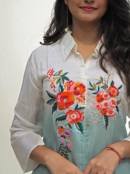 Woman wearing pure crepe ombre handwork co-ord set with floral embroidery