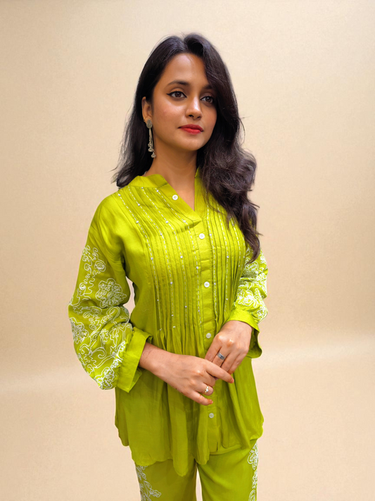 Pure muslin co-ord set for women with hand embroidery on kurta and pants, stylish ethnic wear for festive and office look.