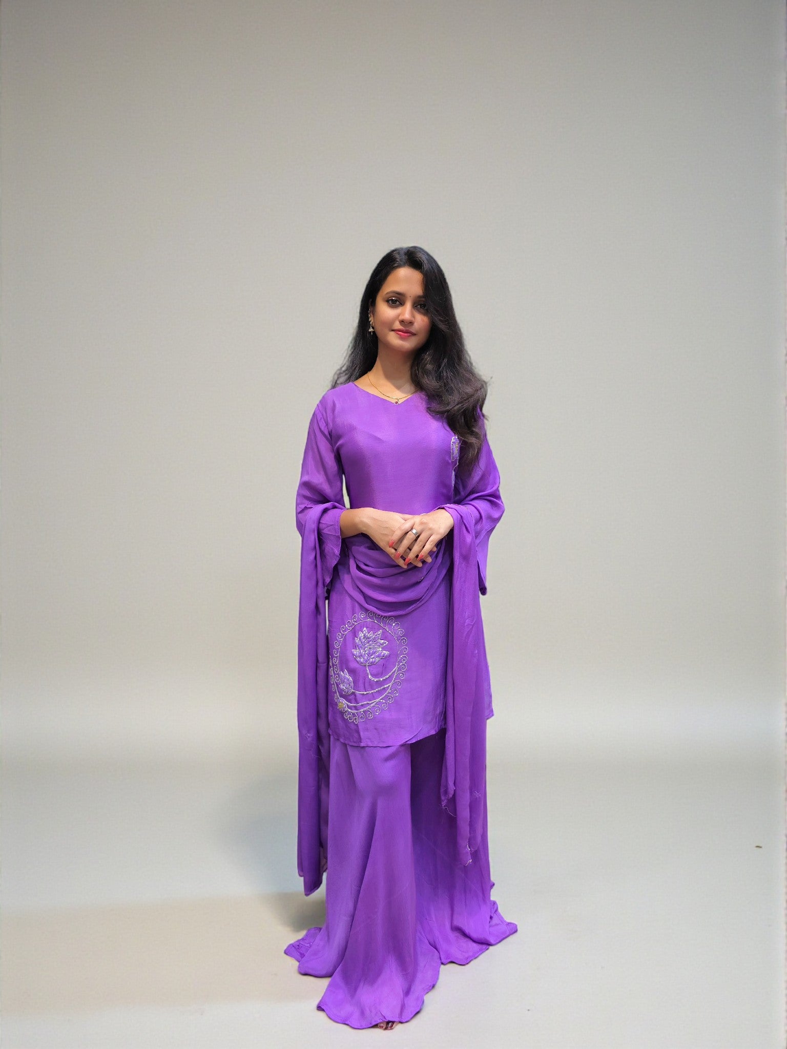 Pure chinnon purple hand embroidered short kurta palazzo suit
