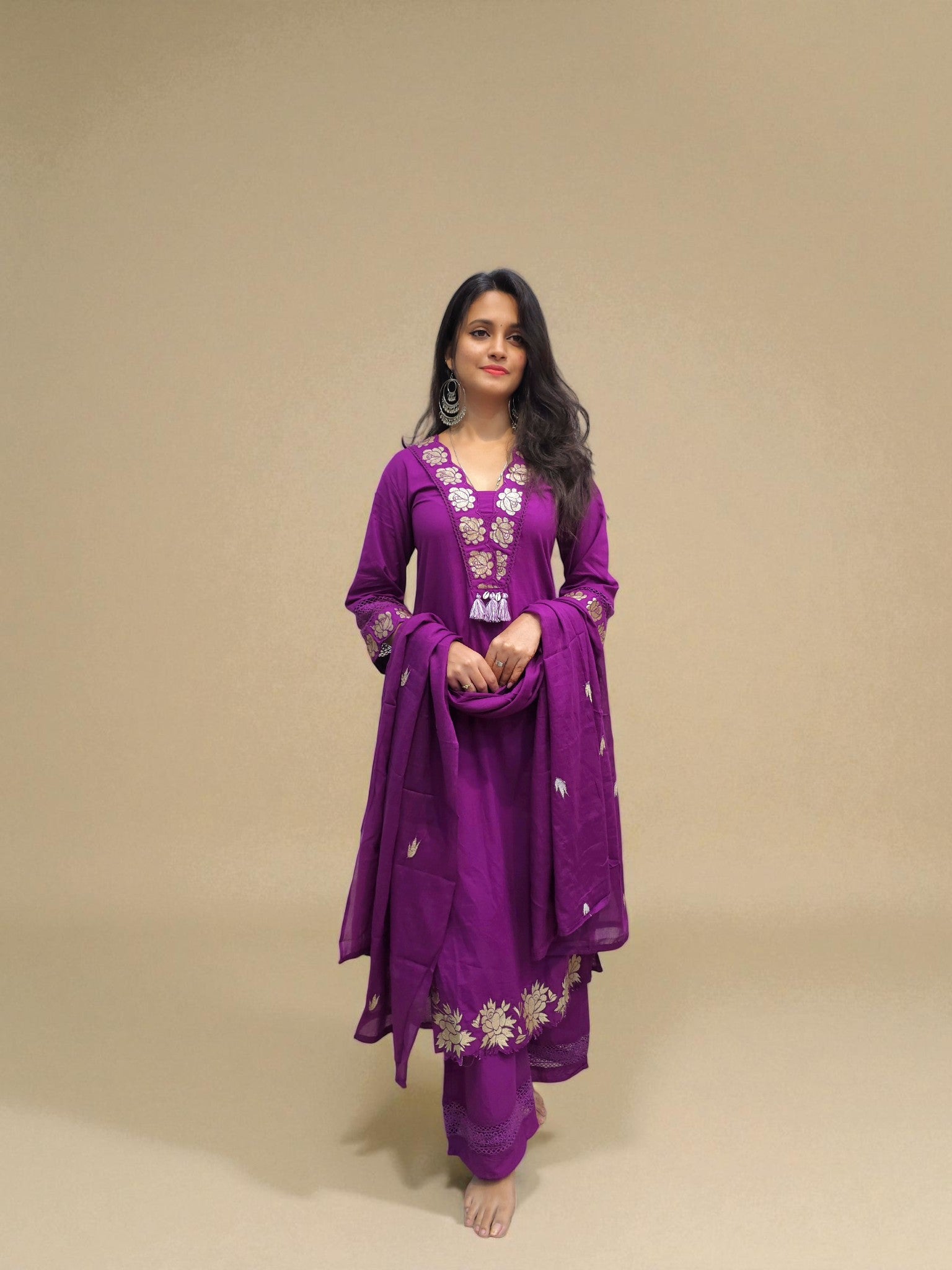 Purple cambric cotton embroidered suit with palazzo – Ambika Boutique