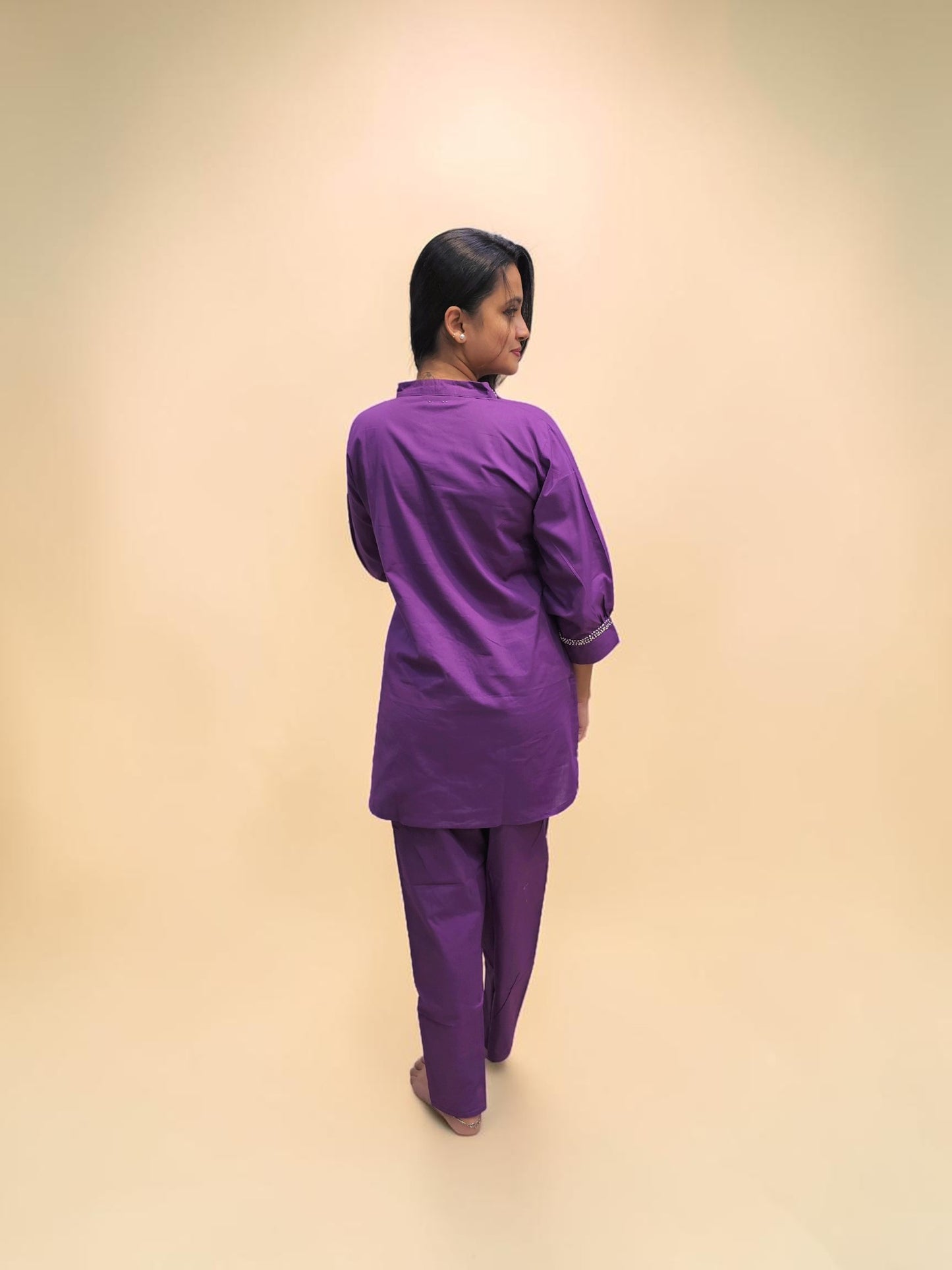 Cotton handwork two-piece co-ord set in purple