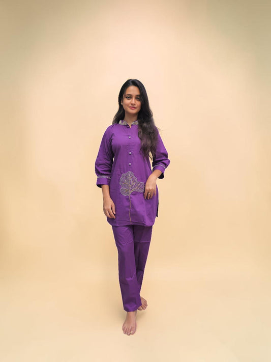 Purple cotton handwork cord set for women