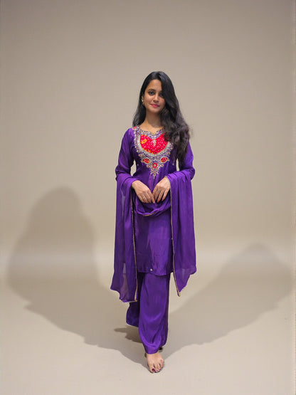 Purple hand embroidered kurta palazzo set for women