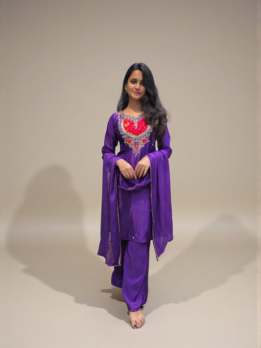Purple hand embroidered kurta palazzo set for women