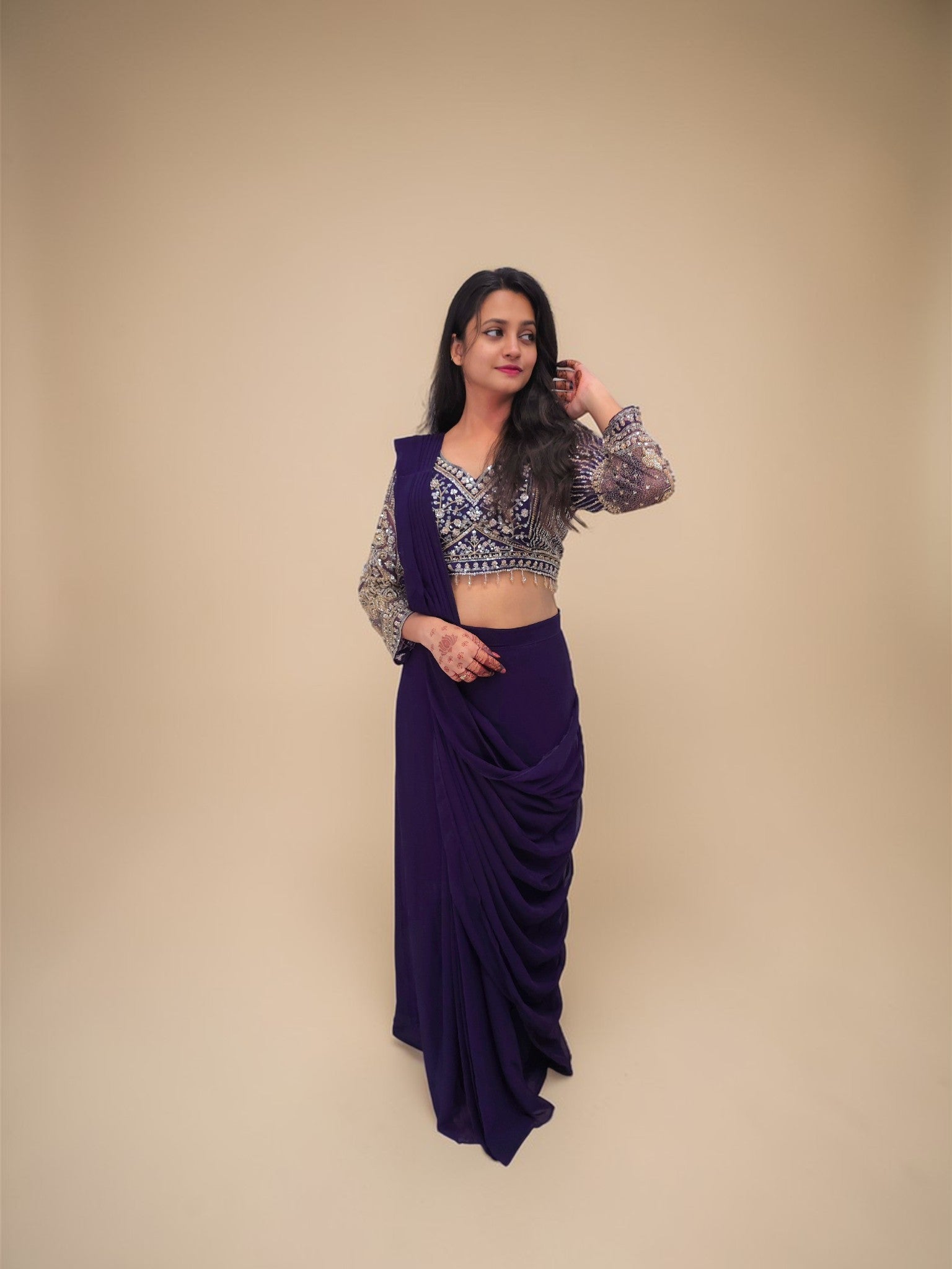 Purple heavy handwork crop top with ready to wear drape saree