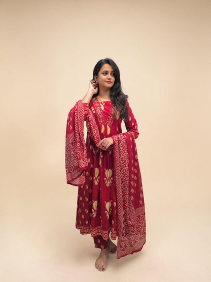 Red embroidered A line cotton kurta set with dupatta for women