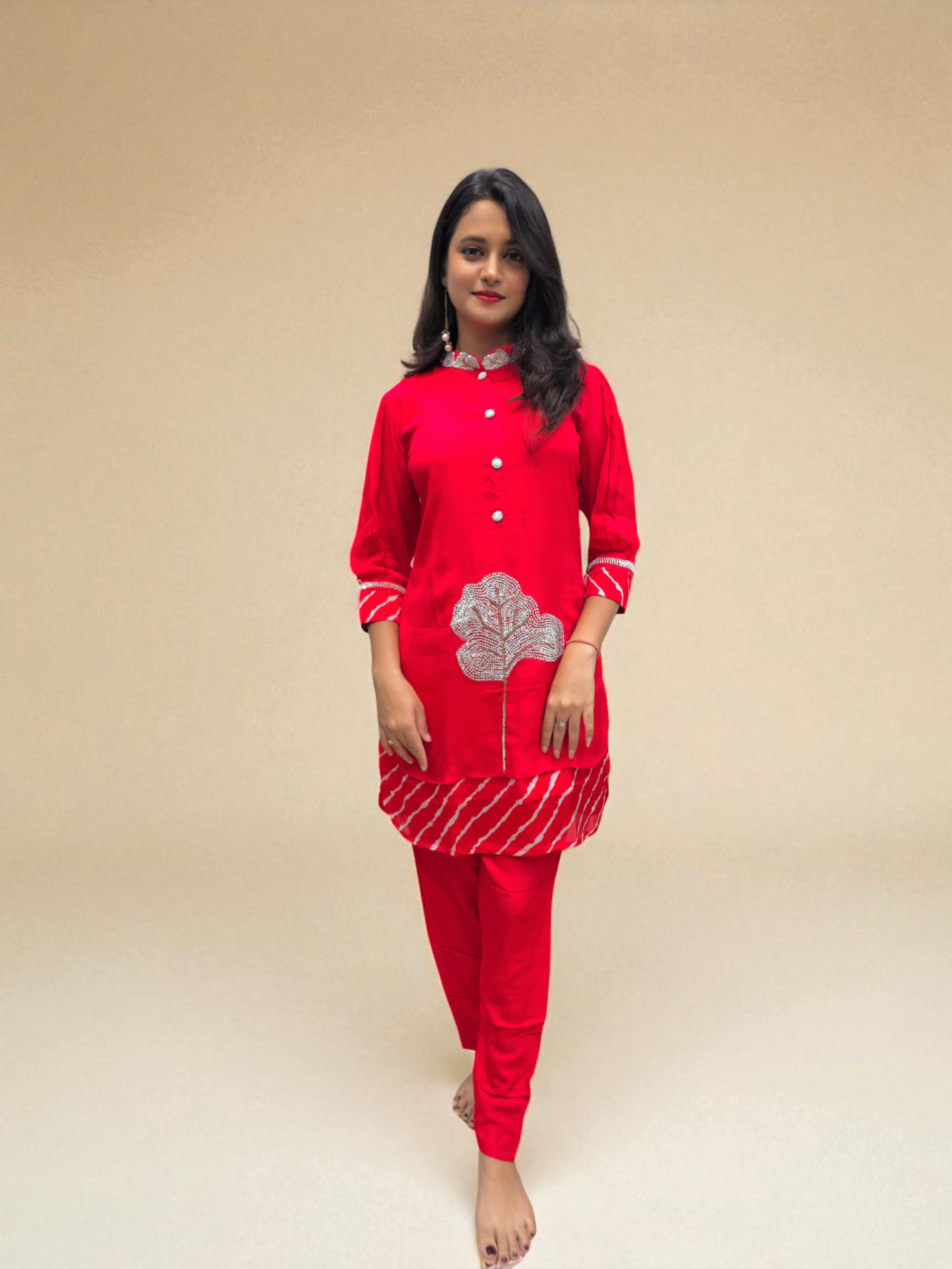 Red co-ord set for women featuring leheriya print and embroidered kurti – perfect festive outfit from Ambika Boutique