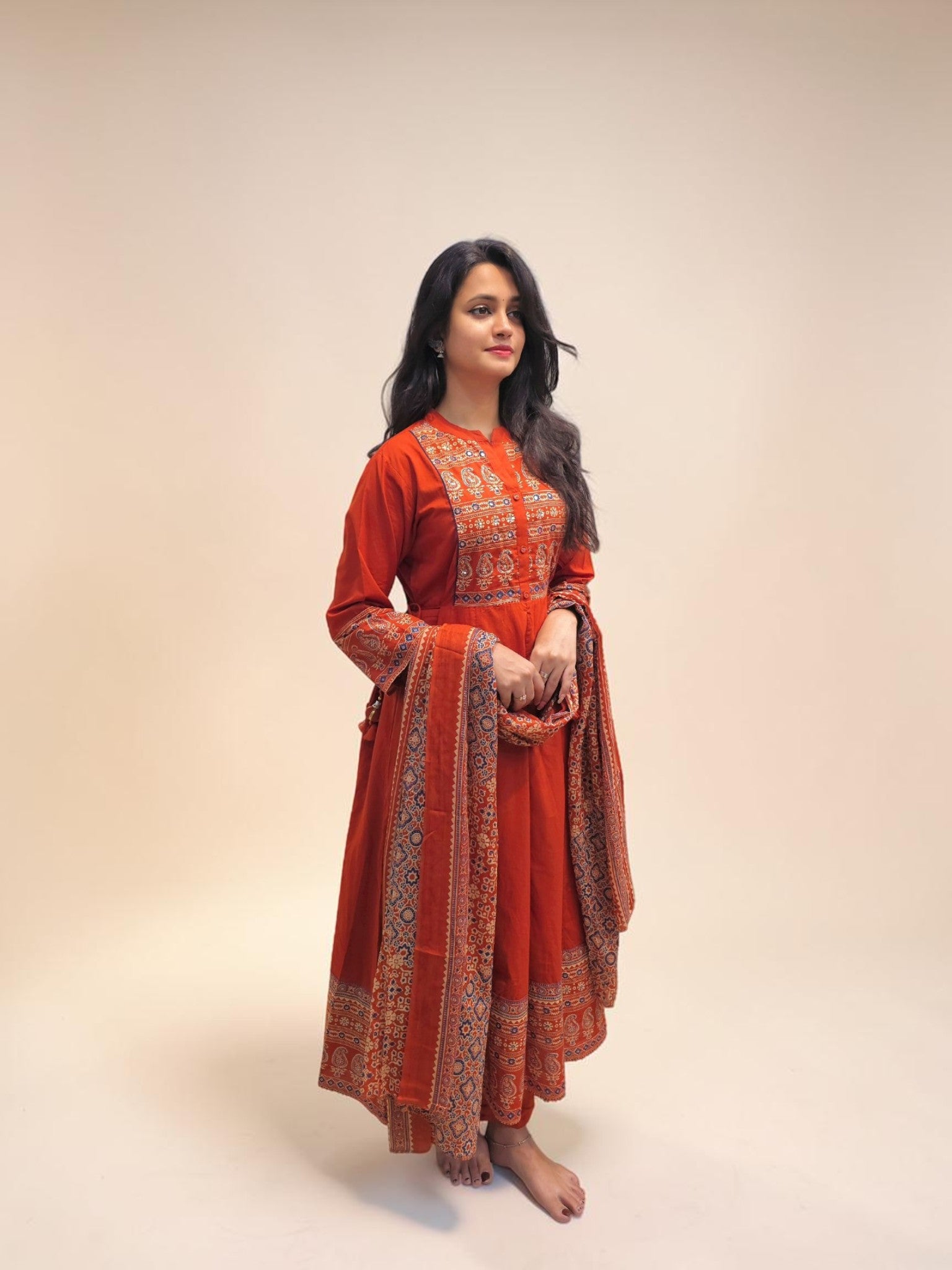 Rust orange Ajrakh cotton Anarkali kurta set for women