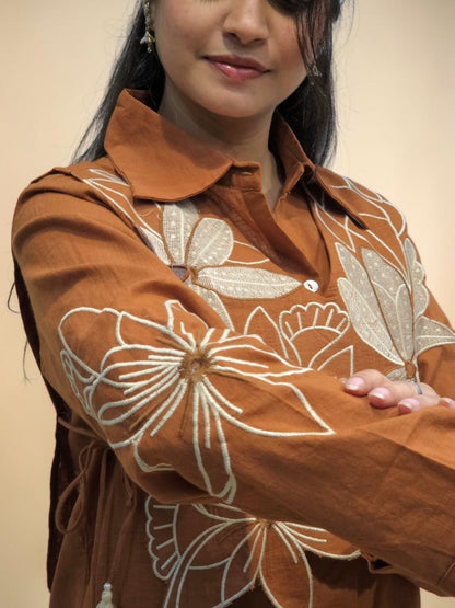 Stylish rust brown linen two-piece ethnic cord set