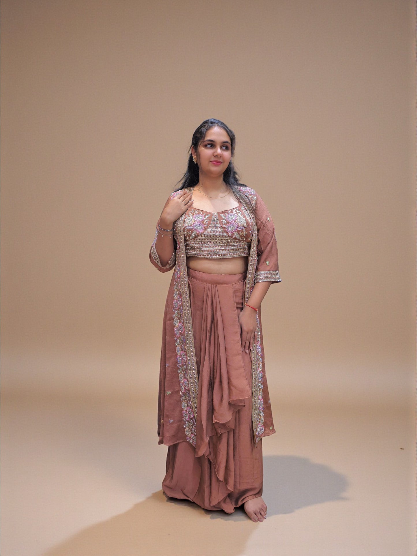 Rust brown embroidered crop top dhoti skirt with shrug