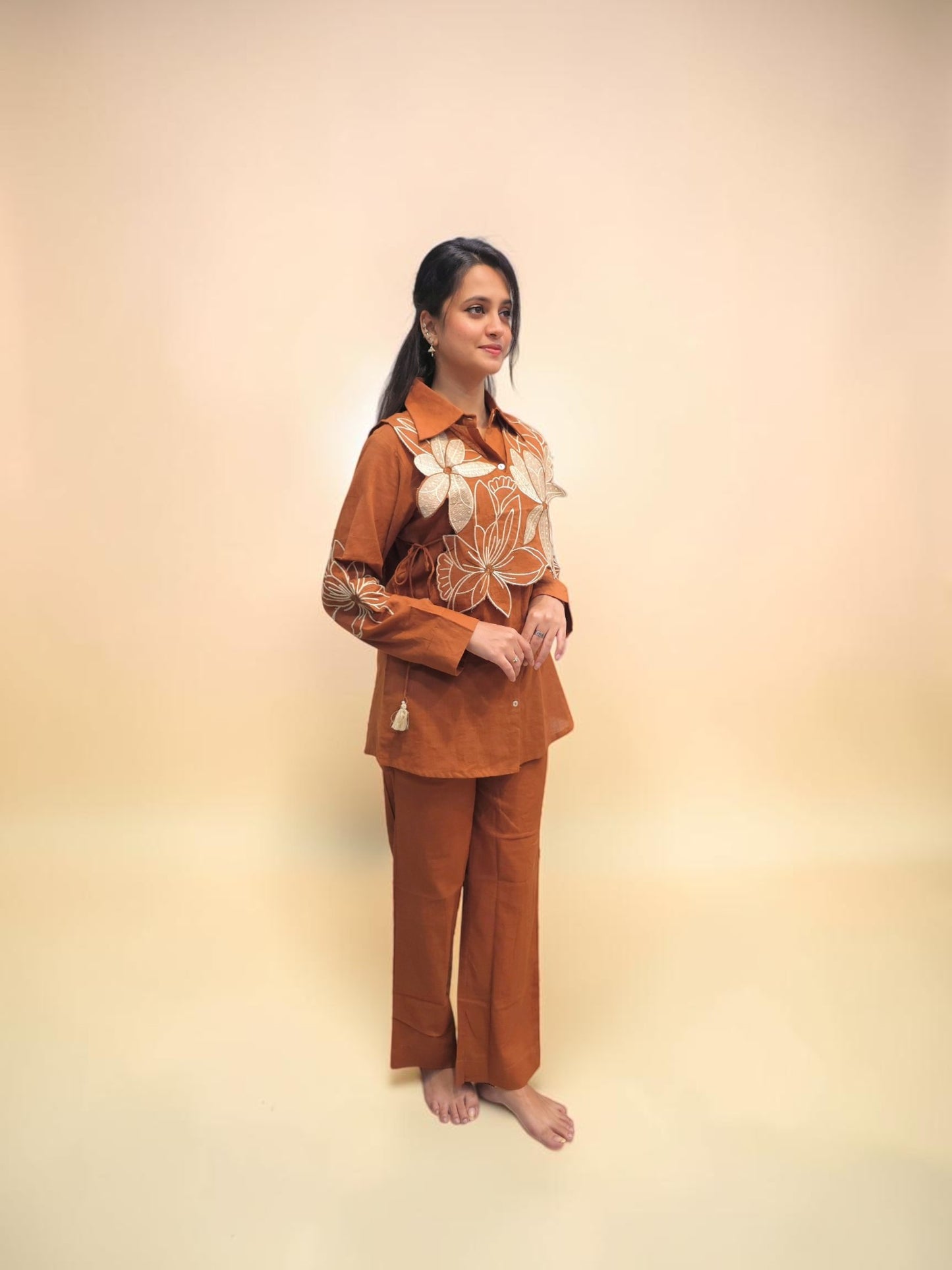 Rust brown linen cord set for women with floral applique