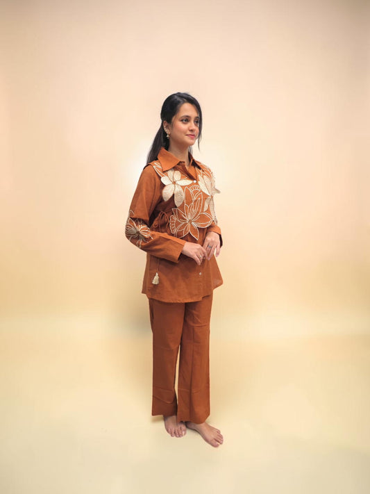 Rust brown linen cord set for women with floral applique