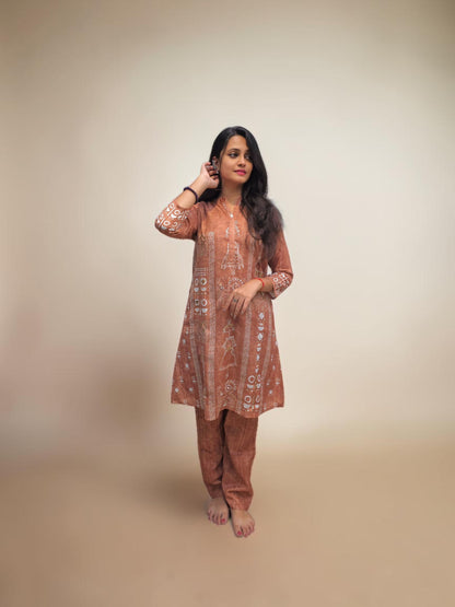Rust brown printed cotton handwork cord set for women