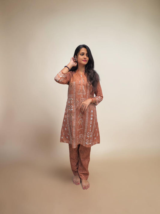 Rust brown printed cotton handwork cord set for women