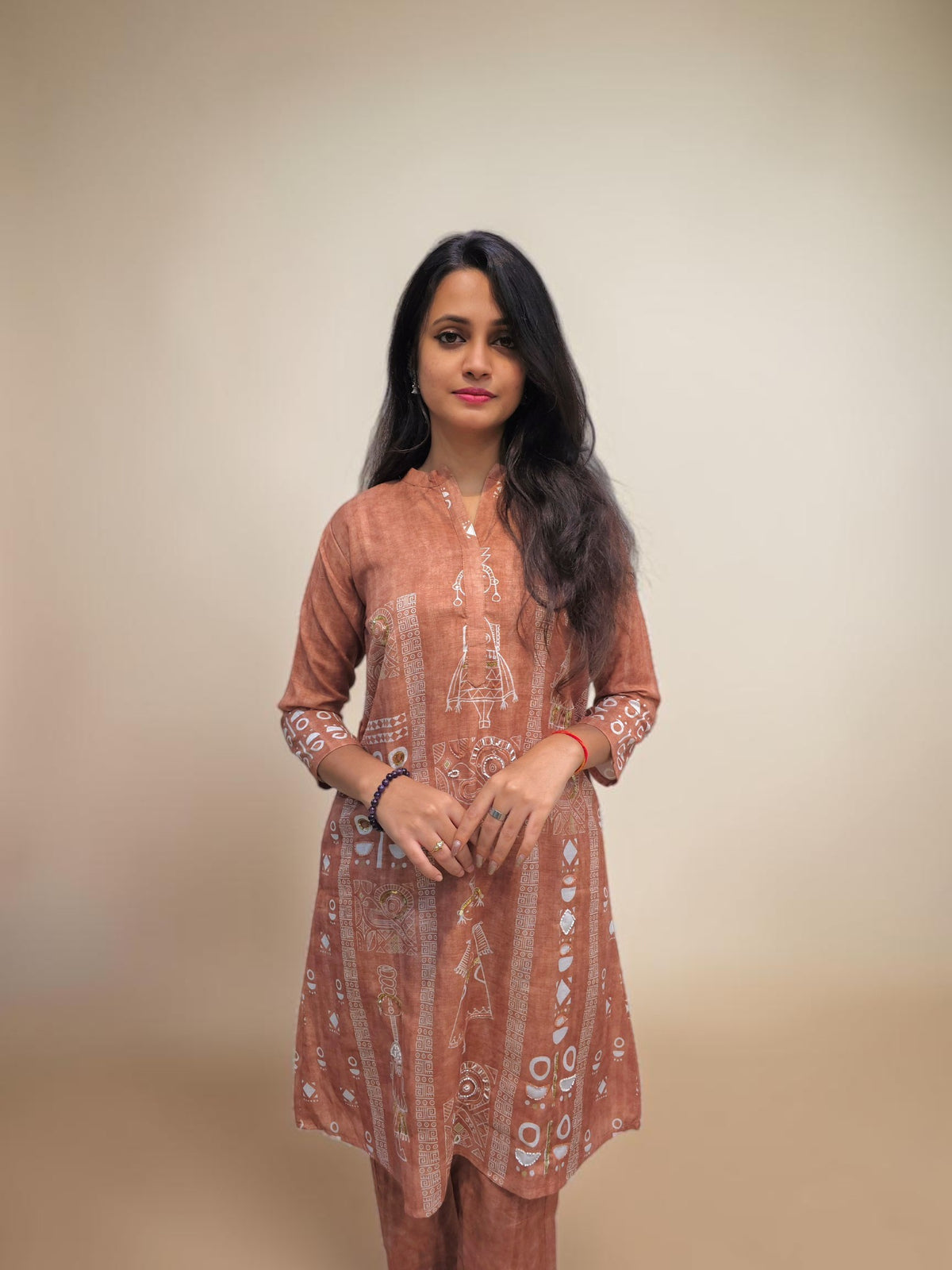 Women's rust brown printed cotton kurta pant set