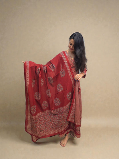 Rust color printed anarkali kurta with dupatta