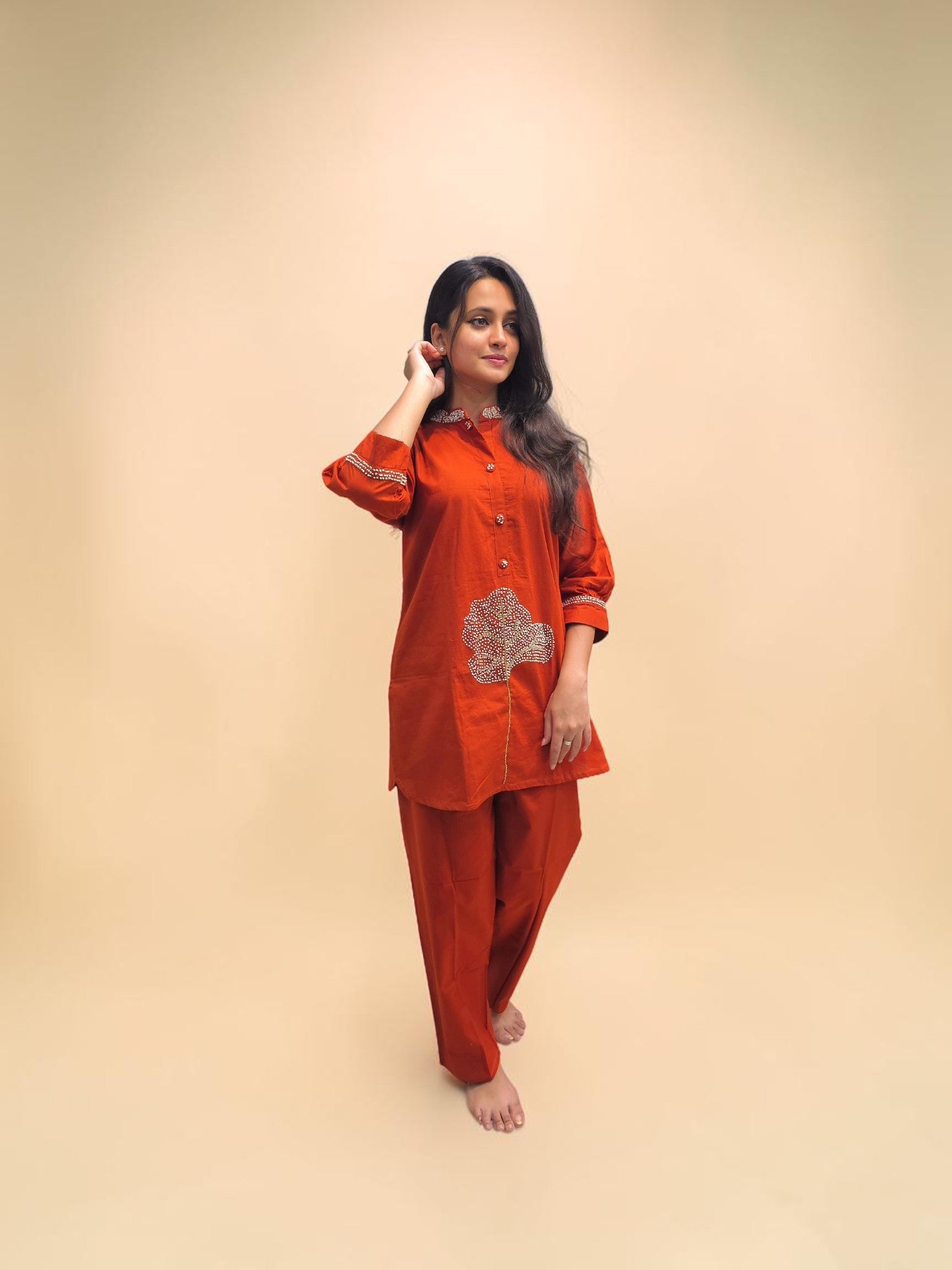 Rust orange cotton handwork cord set for women