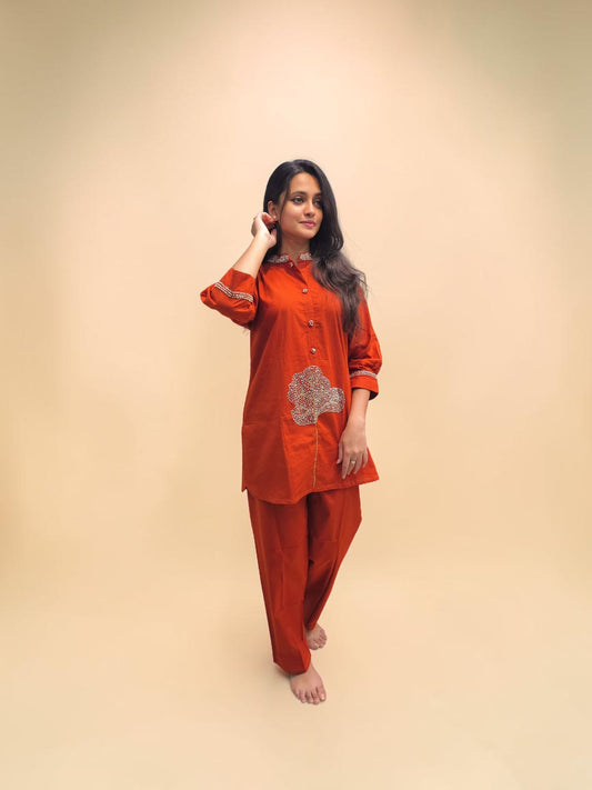 Rust orange cotton handwork cord set for women