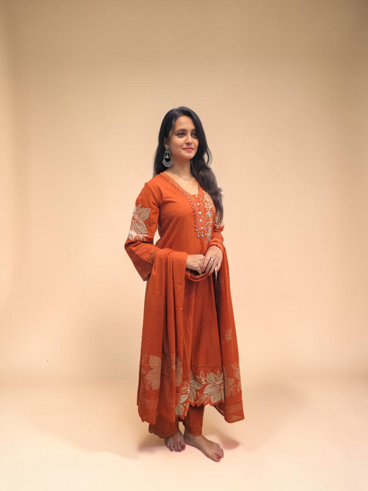 Rust orange cotton kurta palazzo set with dupatta for women