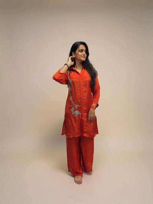 Rust orange designer handwork cord set for Diwali