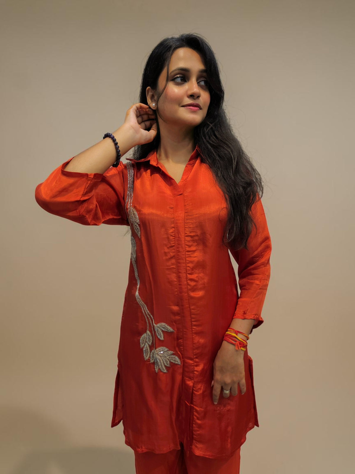 Women's rust orange handwork co ord set with wide leg pants