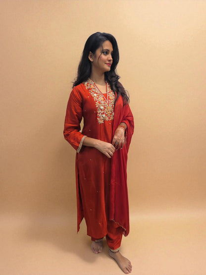 Rust orange embroidered kurta set with dupatta for women
