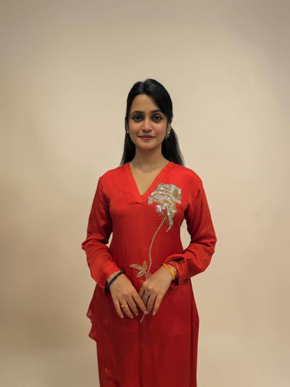 Elegant rust orange handwork kurta pant cord set