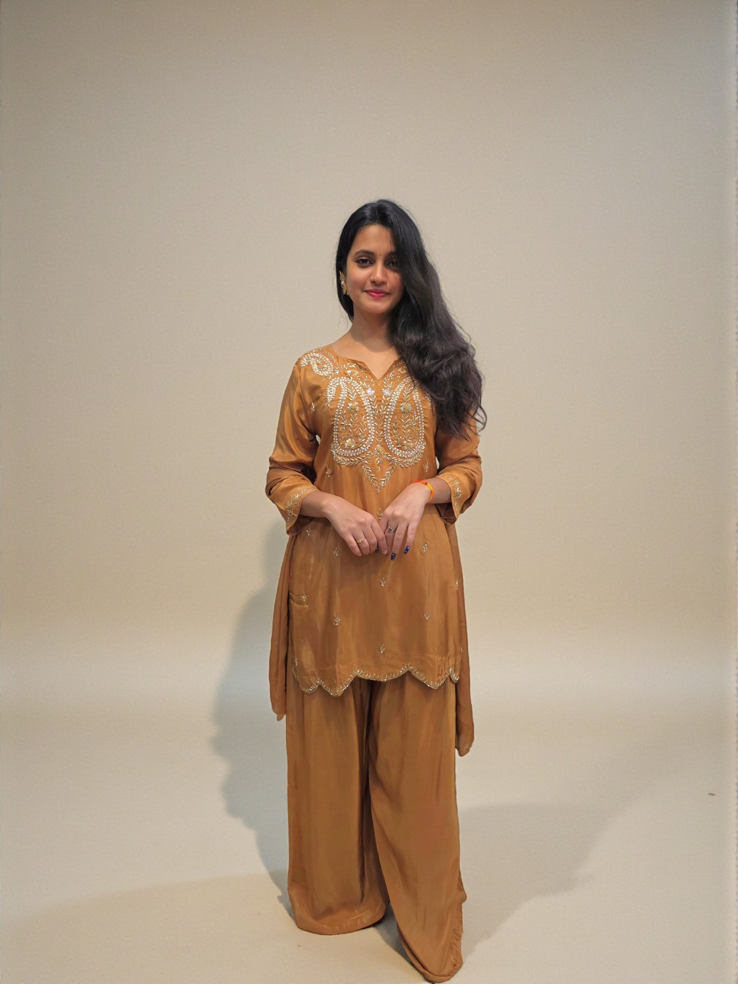 Rust orange zardozi handwork kurta palazzo suit with dupatta