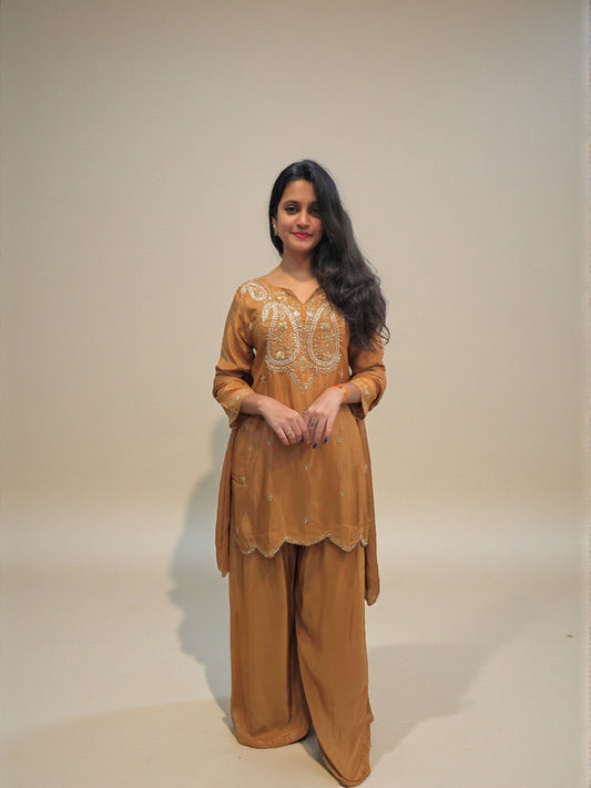 Rust orange zardozi handwork kurta palazzo suit with dupatta